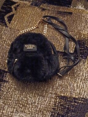 4/$40 GUESS Black Faux Fur Crossbody Bag with Gold Chain Detail